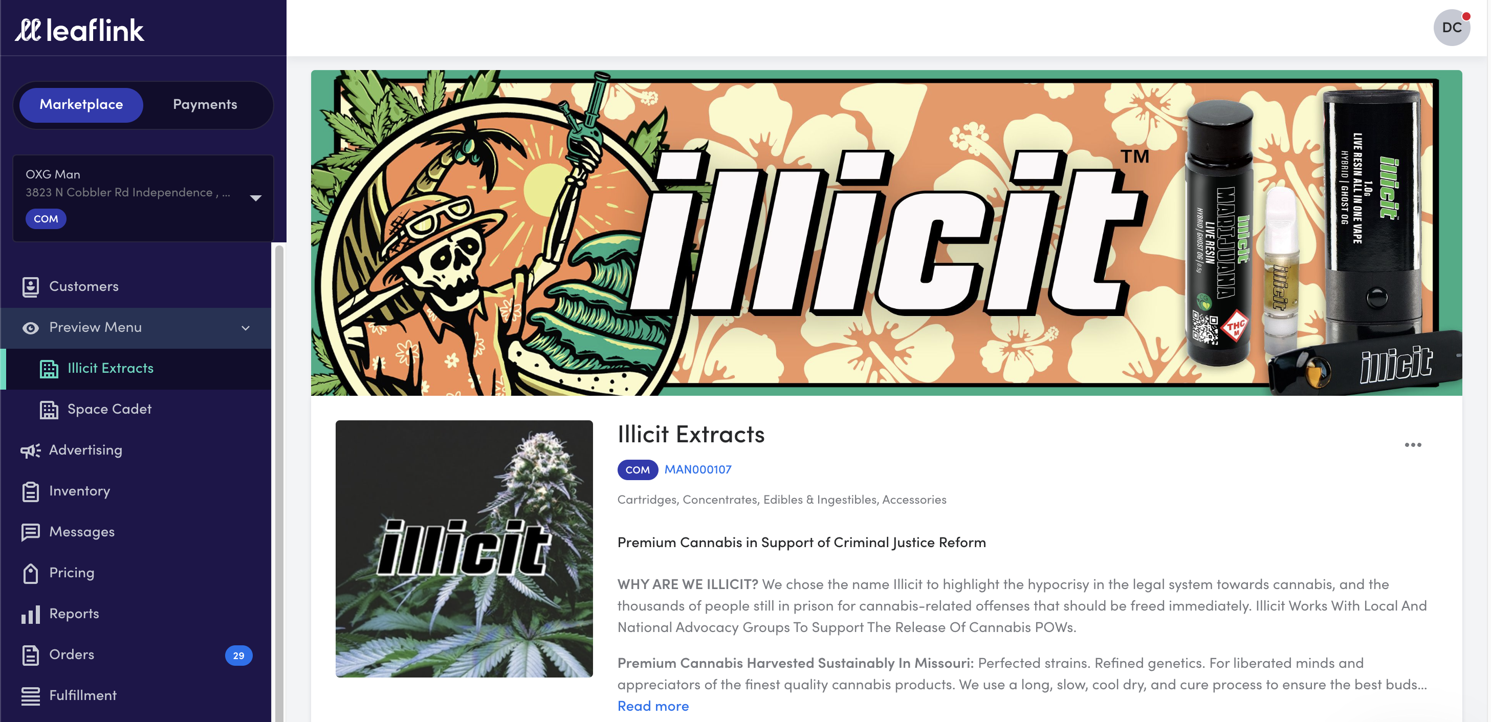 Illicit wholesale cannabis menu on LeafLink Marketplace 