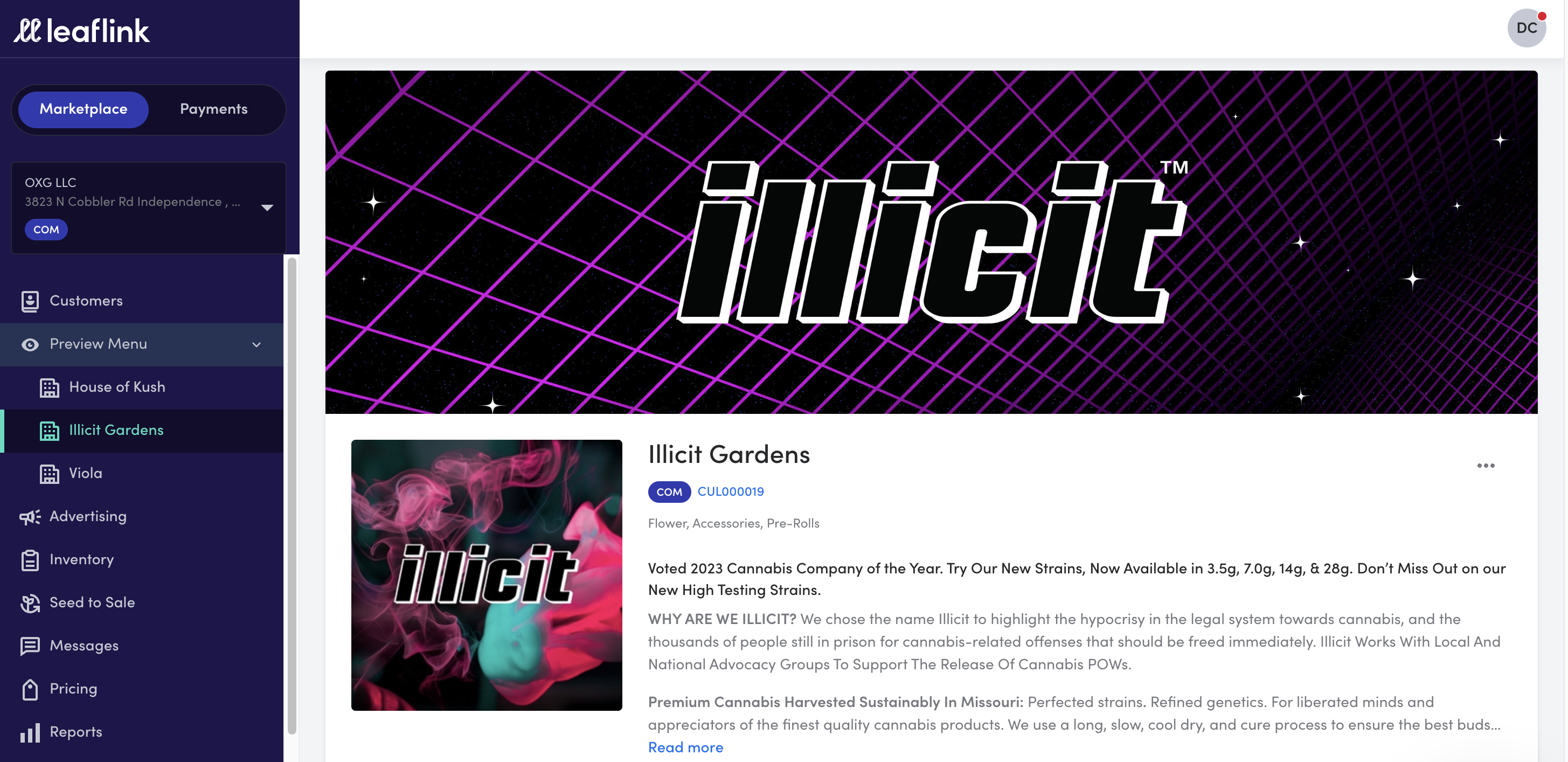 Illicit wholesale cannabis menu on LeafLink Marketplace 