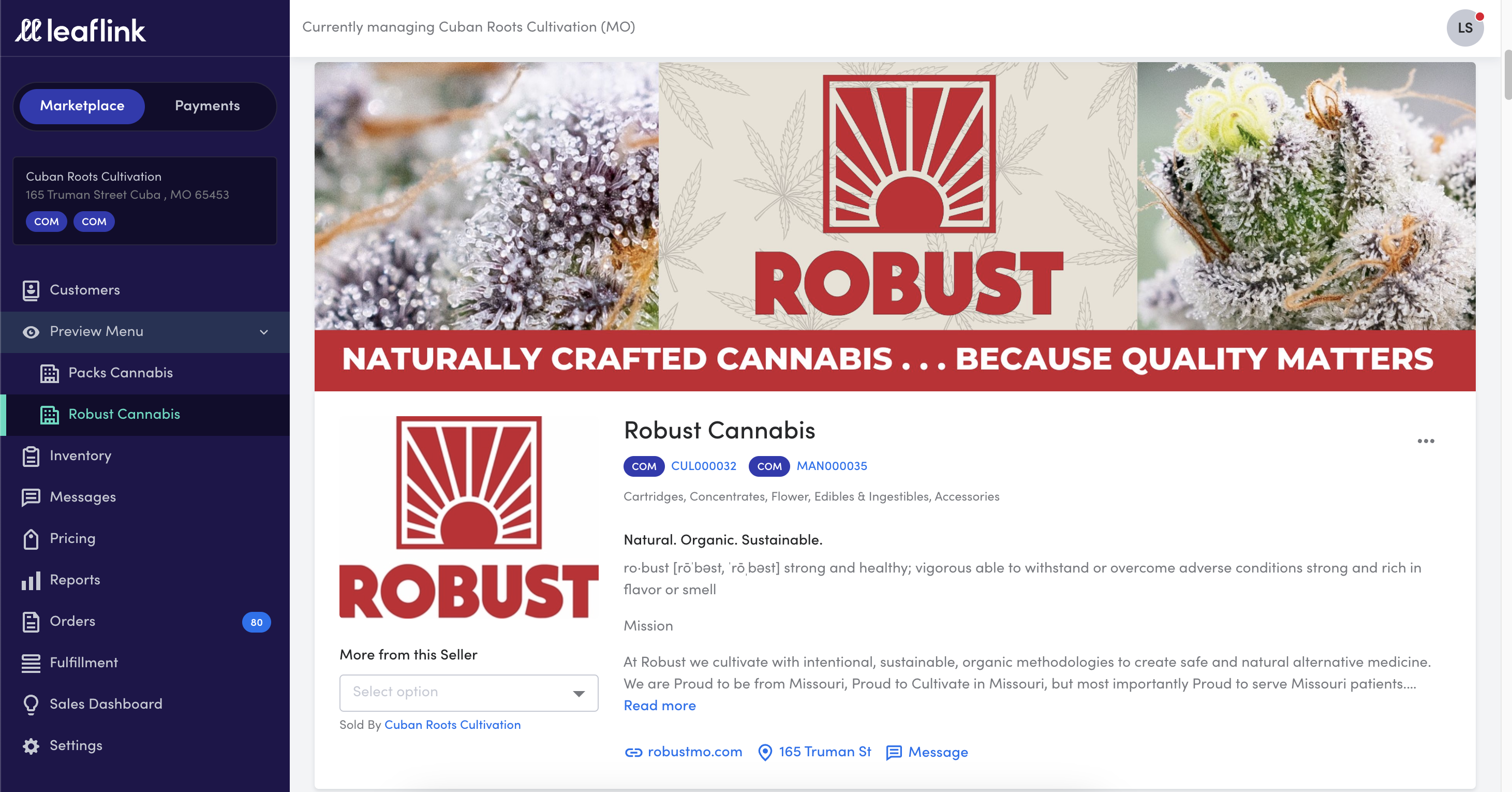 Robust Cannabis menu preview on LeafLink Marketplace.